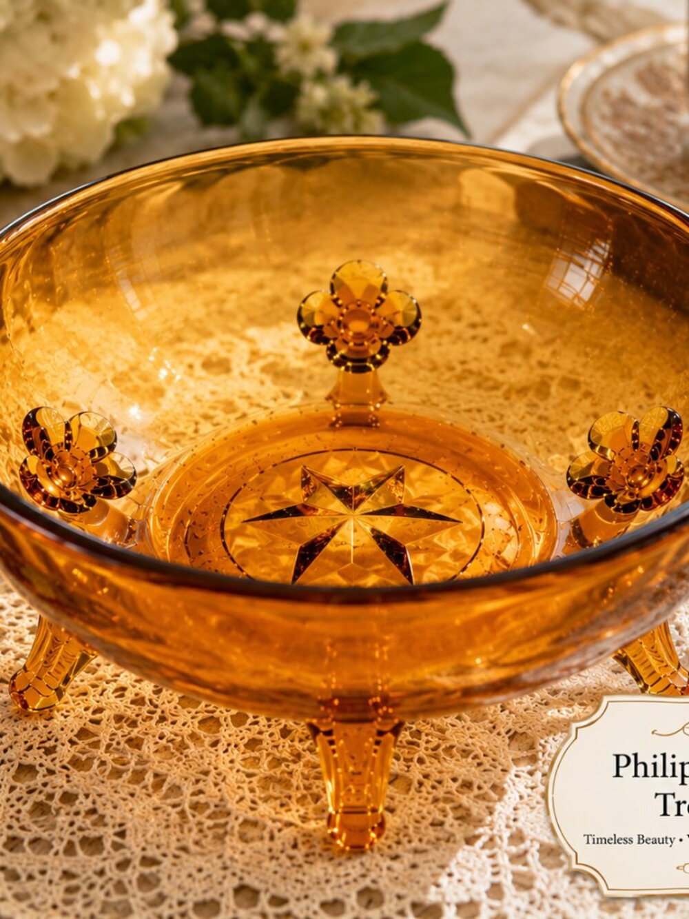 CVB-58--Vintage New Martinsville Amber Etched 3-Footed Serving Bowl | Elegant De